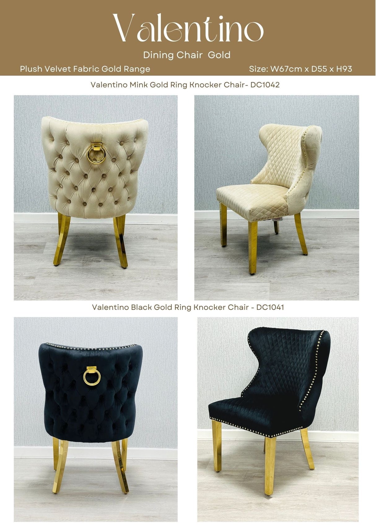 Louis Gold Marble Dining Table + Valentino Gold Dining chairs Lion knocker Mink