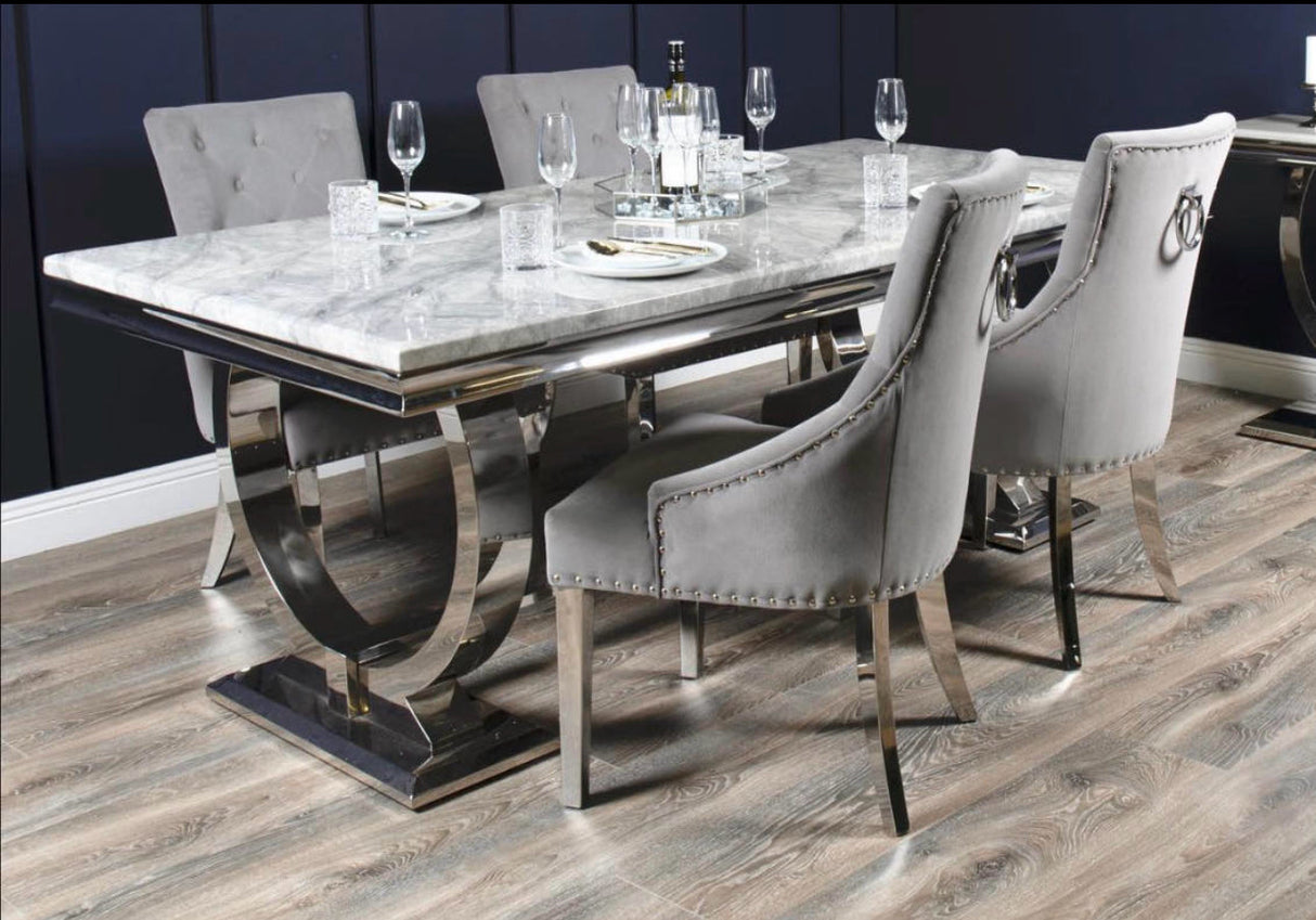 Ariana Marble Dining Table Light Grey + Jessica Dining Chairs Ring knocker Light Grey