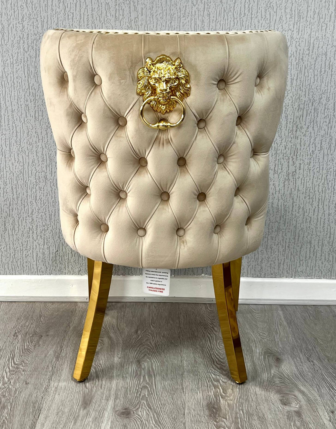 Louis Gold Marble Dining Table + Valentino Gold Dining chairs Lion knocker Mink