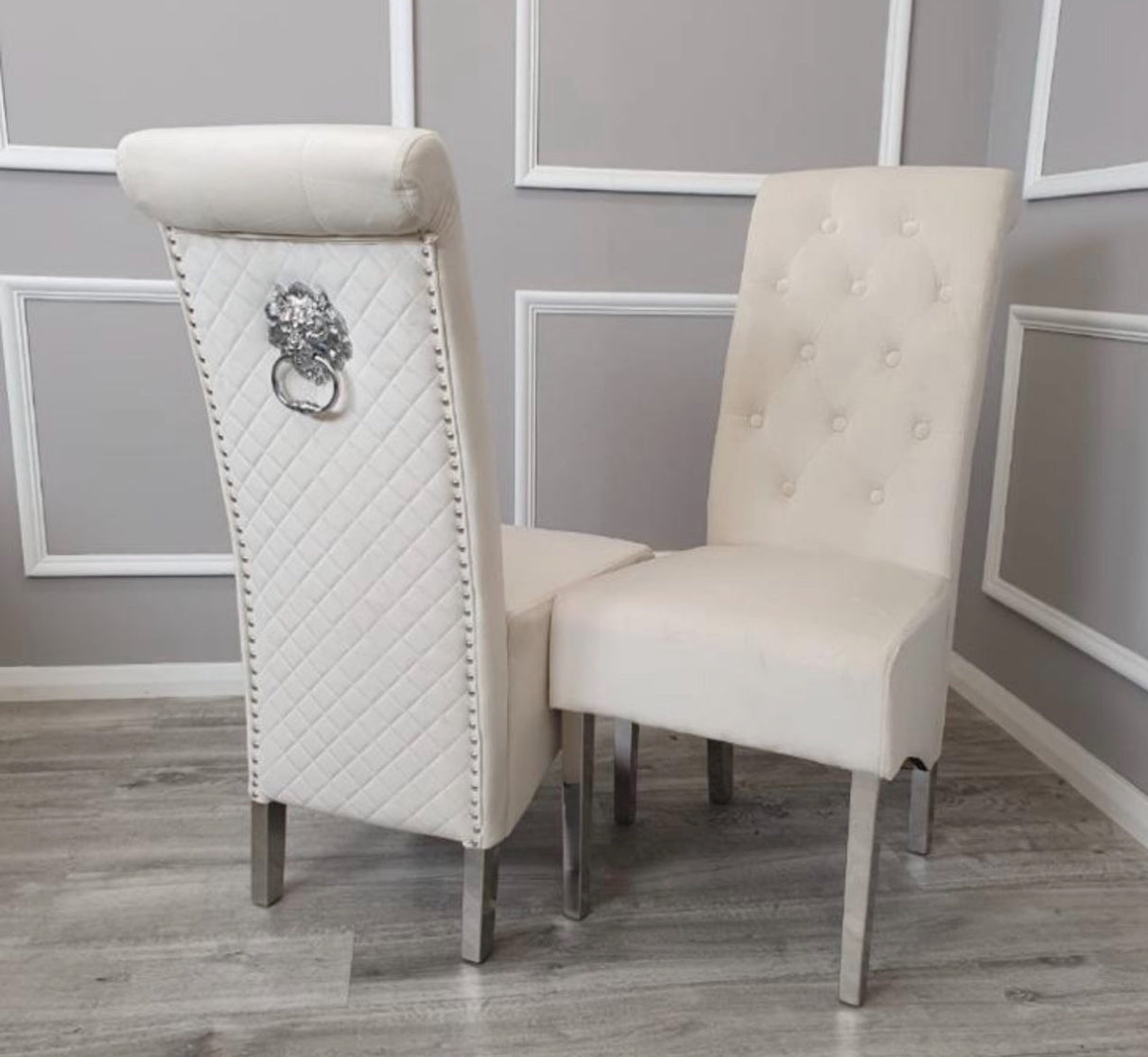 1M Square Dining Table + 4 Valentino Dining chairs Lion Knocker