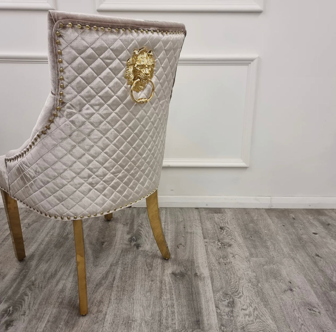 Louise Gold Table With Majestic Mink  & Gold Dining Chairs Lion Knocker