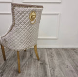 Louise Gold Table With Majestic Mink  & Gold Dining Chairs Lion Knocker