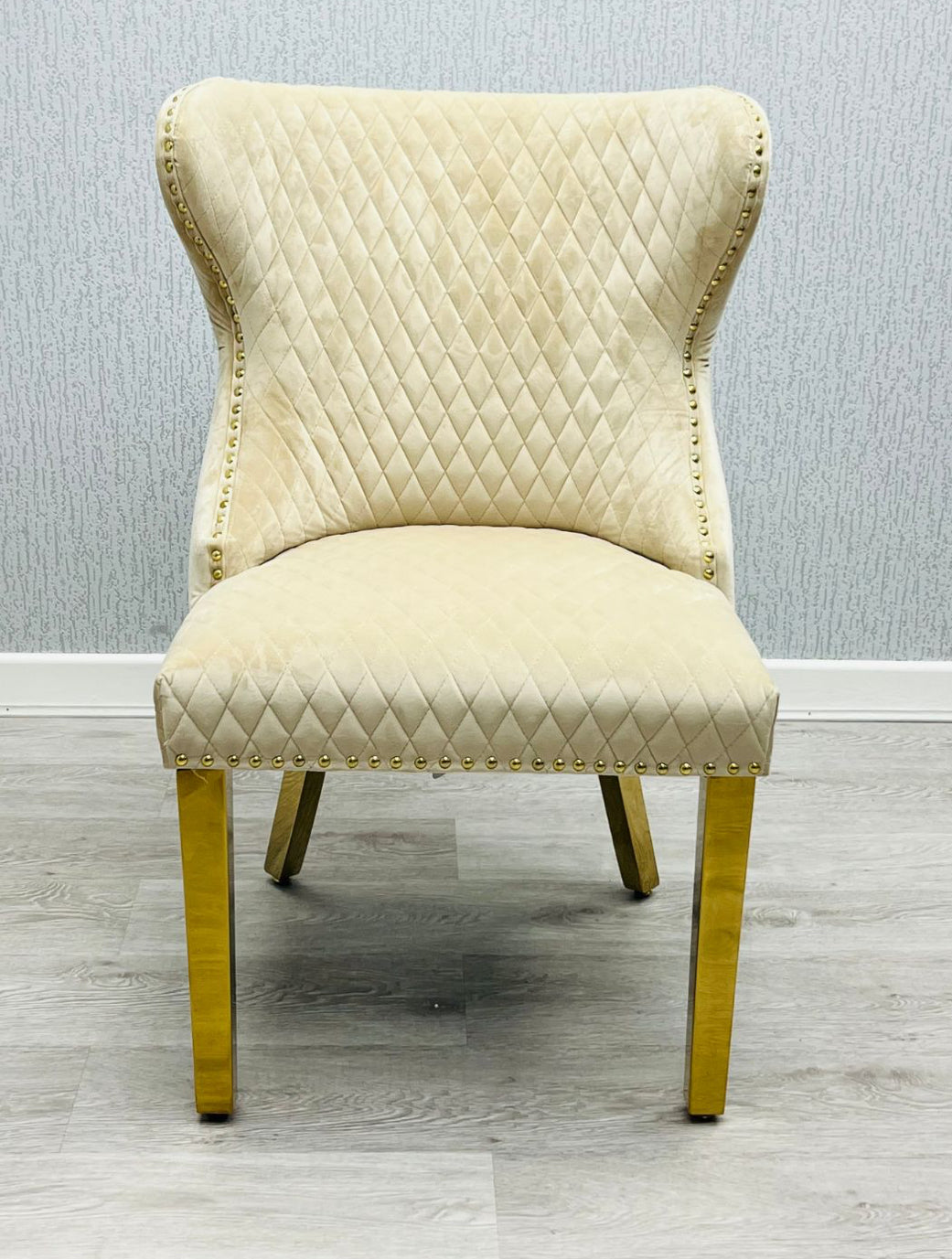 Louis Gold Marble Dining Table + Valentino Gold Dining chairs Lion knocker Mink