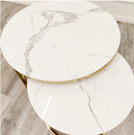 Cato Nest of 2 Short Round Coffee Gold Tables with Polar White Sintered Stone Tops
