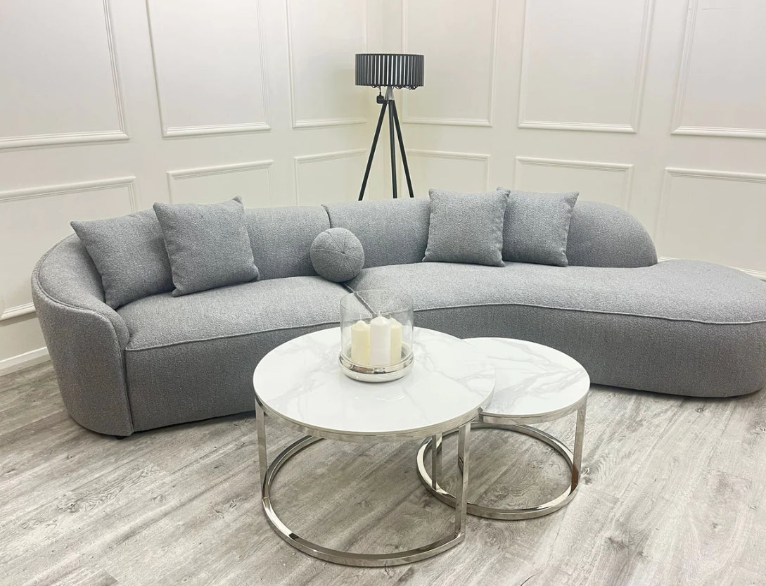 Cato Nest of 2 Short Round Coffee Silver Tables with Polar White Sintered Stone Tops