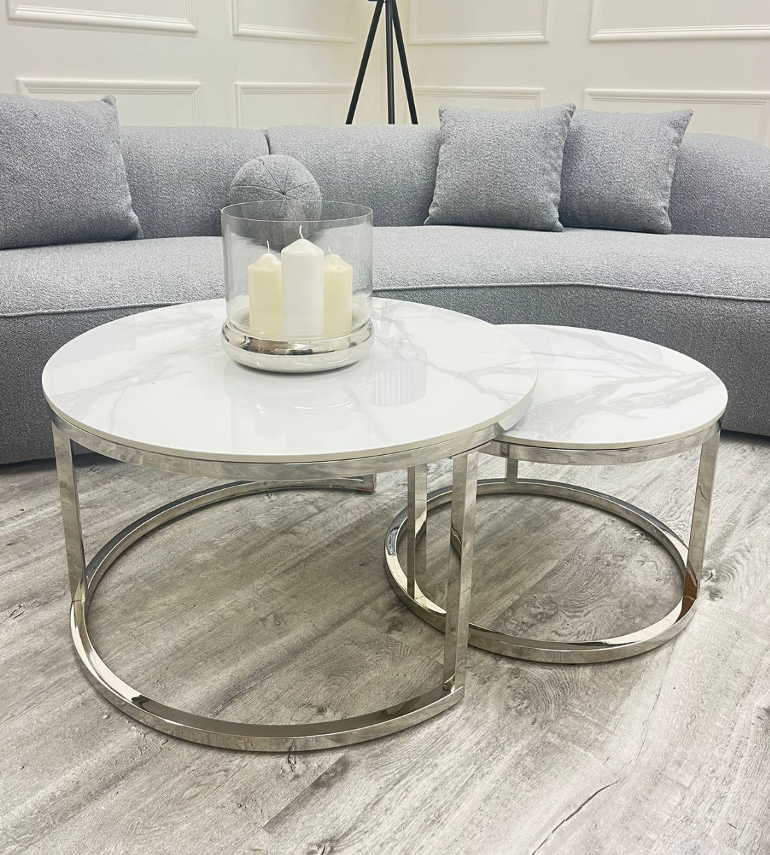 Cato Nest of 2 Short Round Coffee Silver Tables with Polar White Sintered Stone Tops