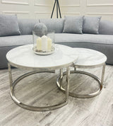 Cato Nest of 2 Short Round Coffee Silver Tables with Polar White Sintered Stone Tops