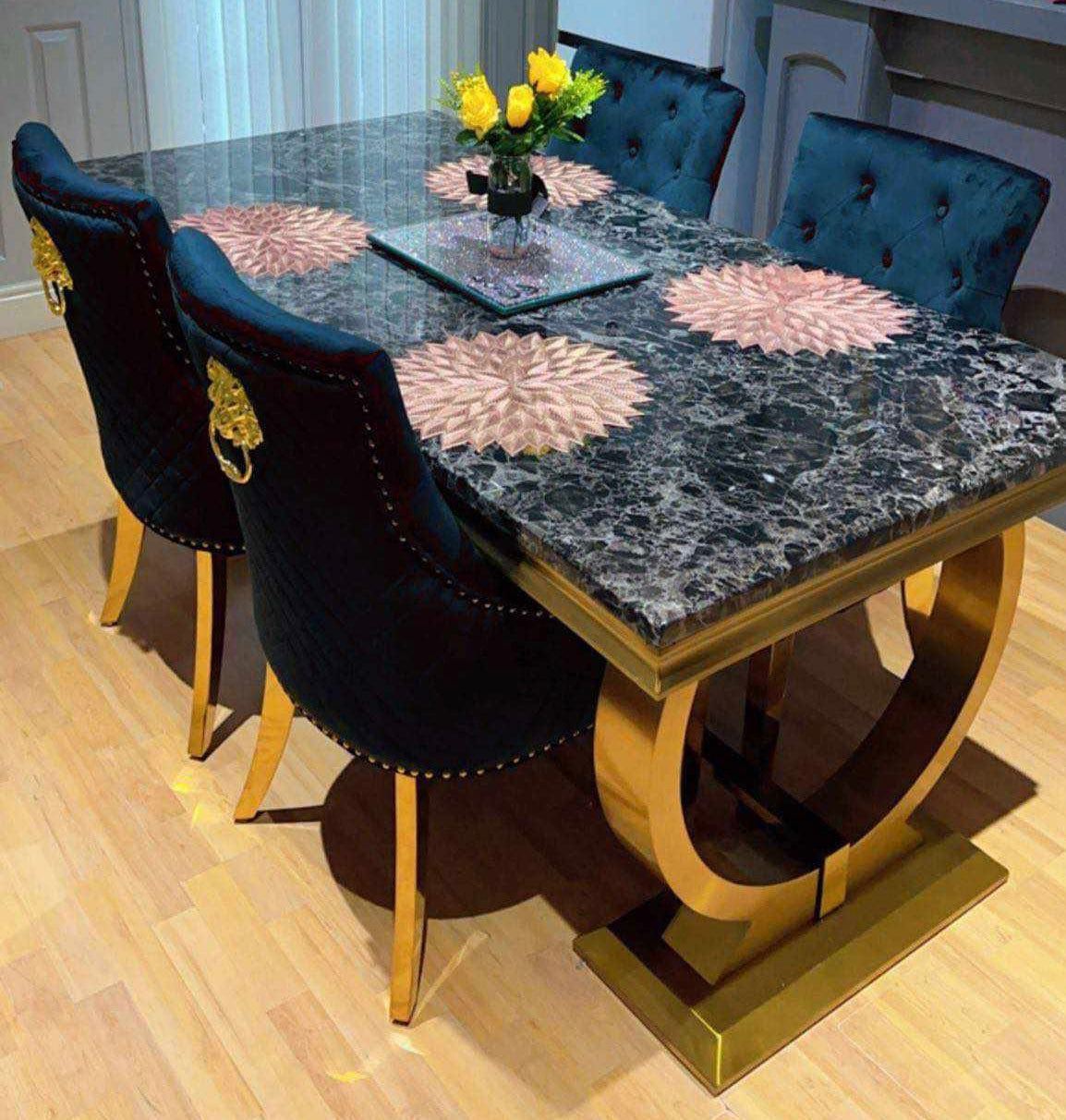 Arianna Black And Gold Marble Dining Table With Black And Gold Bentley Lion knocker Chaird