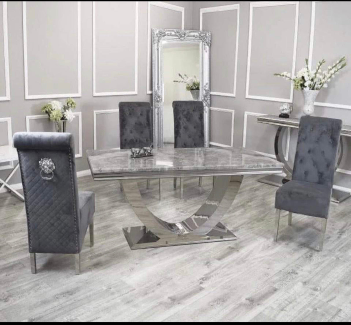 Ariel Marble Dining Table Light Grey   With Emma Dark Grey Chairs