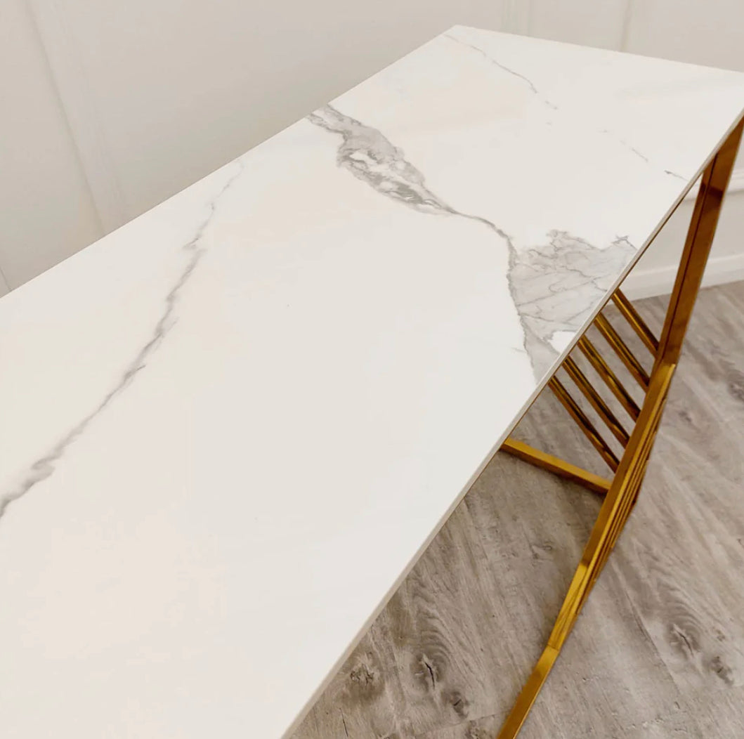 Azure Gold Console Table with Polar White Sintered Top