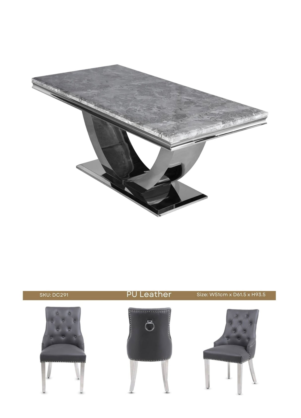 Ariel table Light Grey 180cm With Valencia Ring Knocker Pu Leather chairs Grey