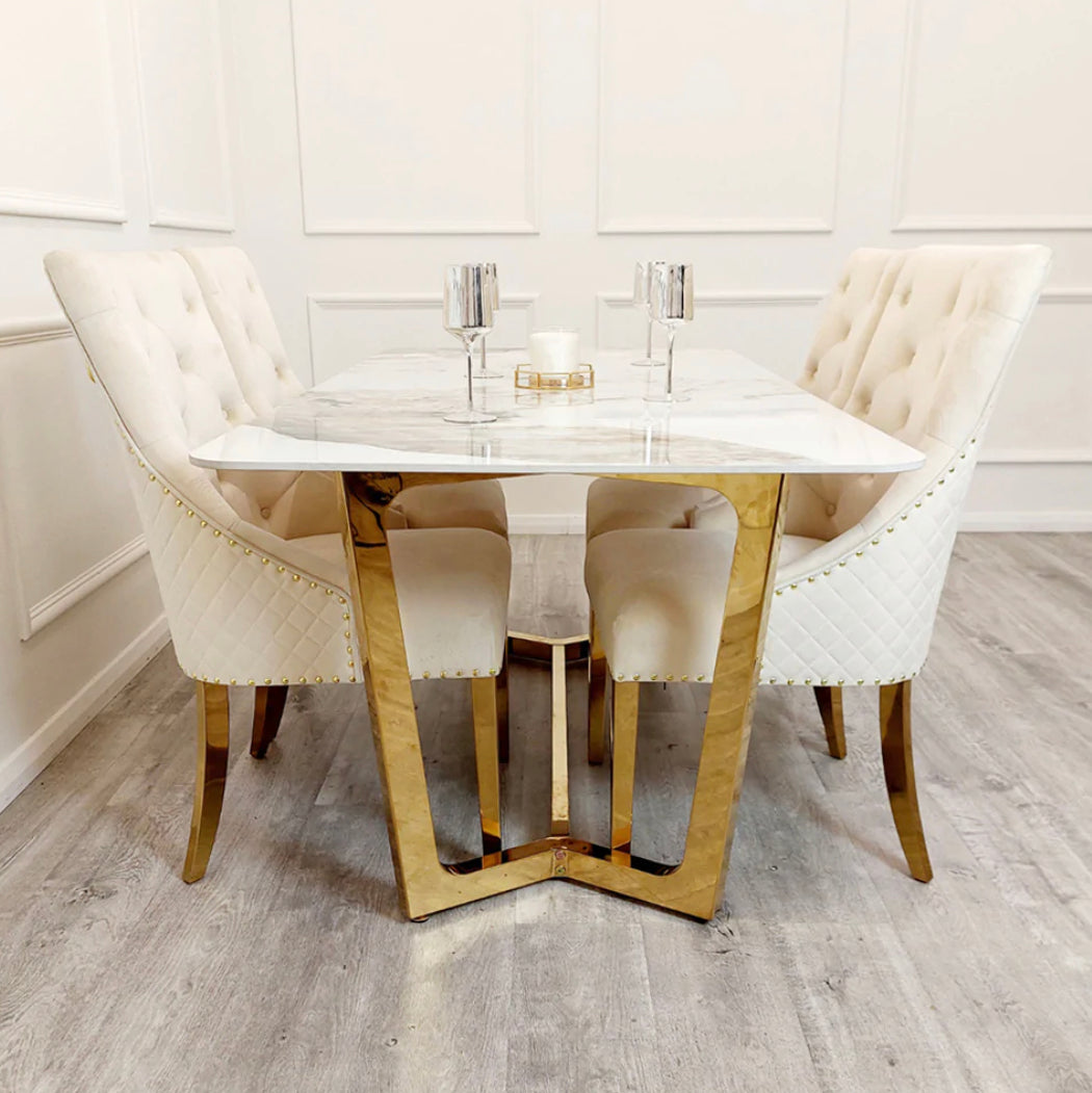 Bentley Cream Gold Dining Chair with Lion Knocker & Quilted Back