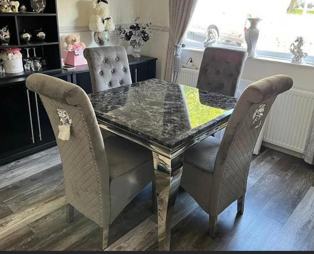 1M Square Marble Table Black With 4 Sofia Dark Grey Lion Knocker Chairs