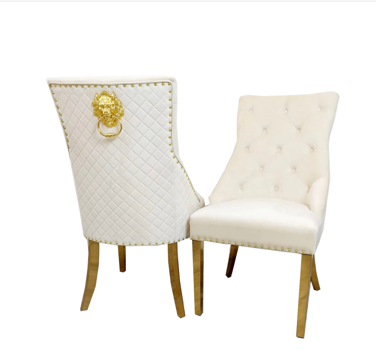 Bentley Cream Gold Dining Chair with Lion Knocker & Quilted Back