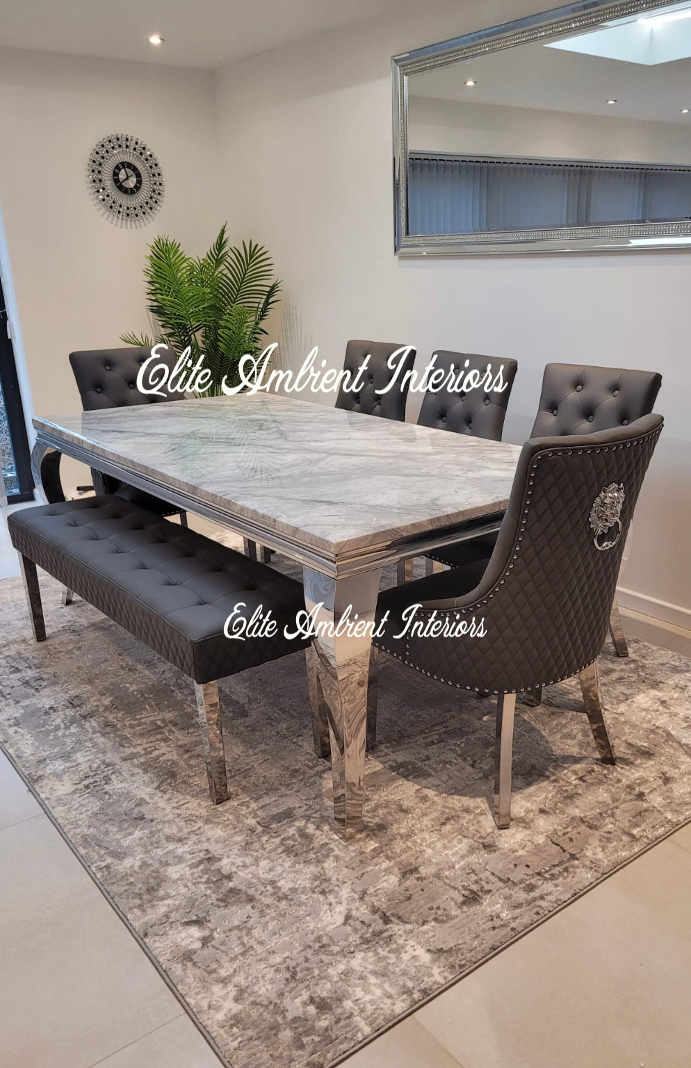 Louis Table With 4 Majestic PU Leather Chairs & Majestic Leather Bench