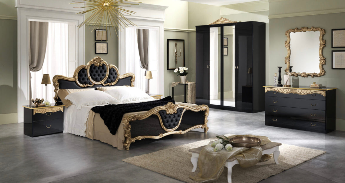 Diana Bed Set, 4 doors Wardrobe in Black and Gold