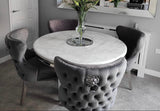 1.3M LoWhite Round Marble Dining Table With 4 Valentino Dark Grey Lion Knocker Chairs