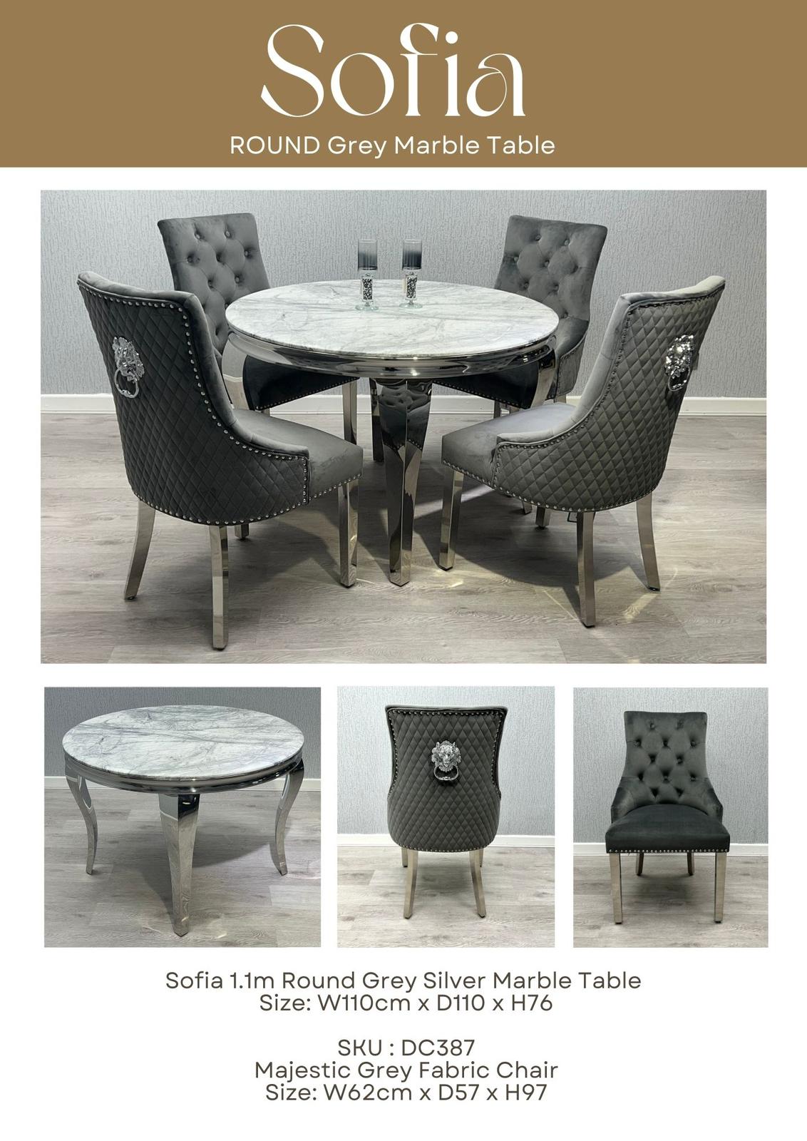 110x110cm Round Marble Table Light Grey With 4 Majestic Dark Grey Lion Knocker Chairs