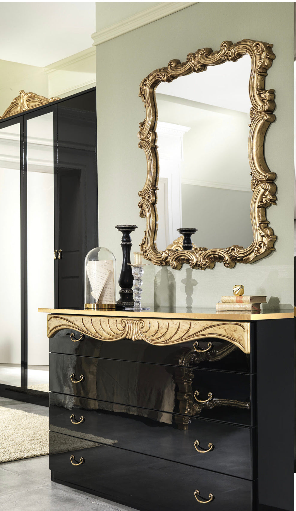 Diana Bed Set, 4 doors Wardrobe in Black and Gold