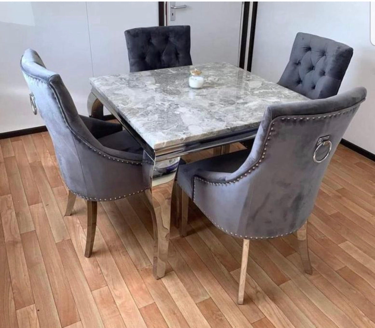Louis Marble Square Dining Table 100x100cm  Light Grey  With 4 Valencia Dark Grey Ring Knocker Chairs