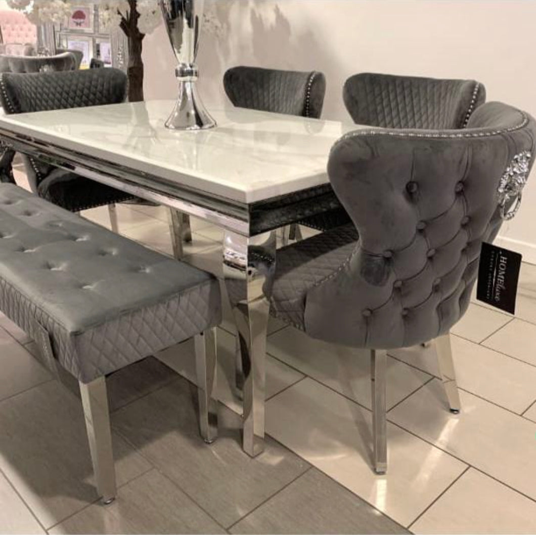 Louis Marble Dining Table With 4 Valentino Lion Knocker Chairs & Majestic Bench Bench