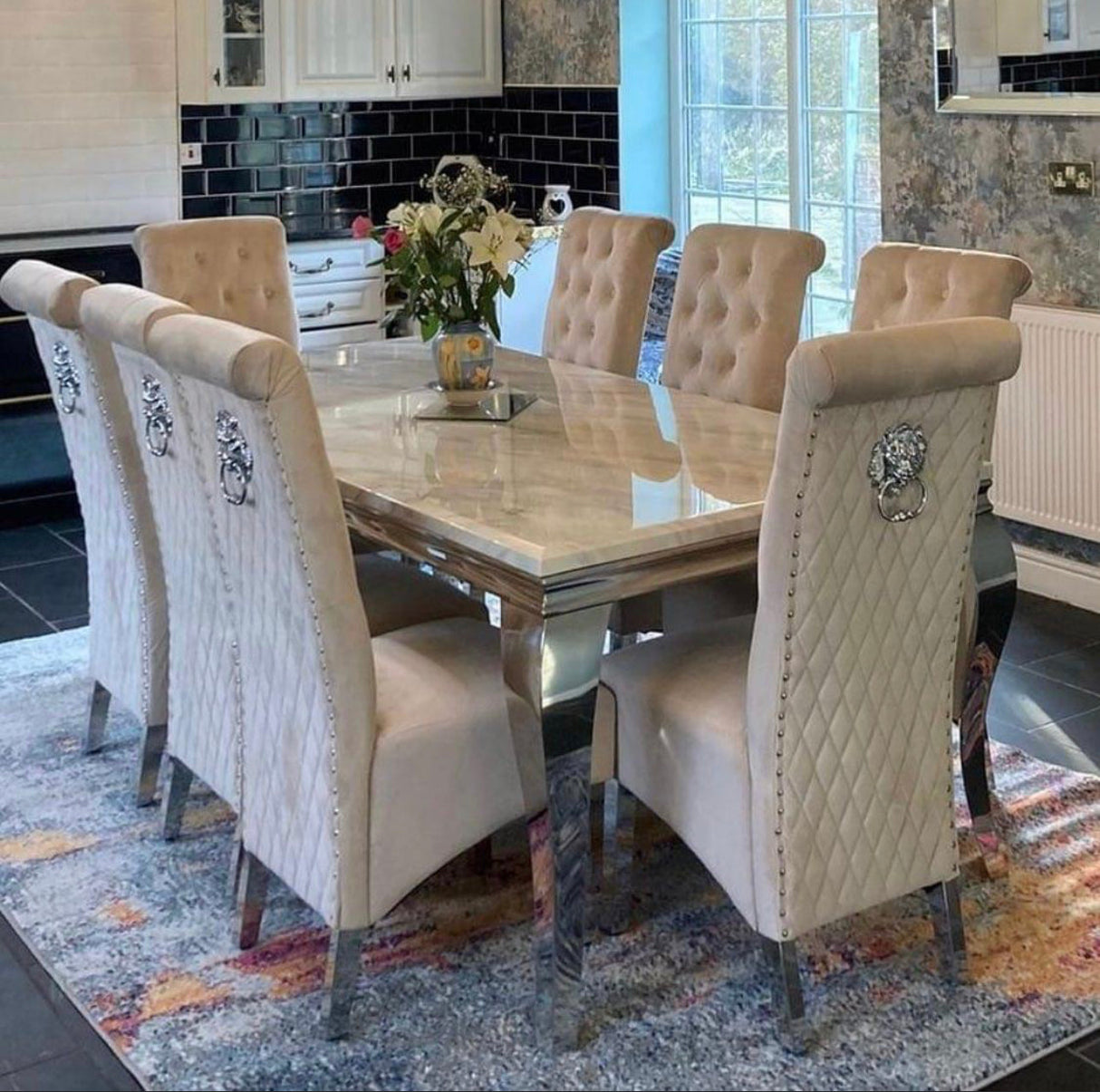 Louis Marble Dining Table + Sofia Dining Chairs Lion Knocker
