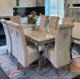 Louis Marble Dining Table + Sofia Dining Chairs Lion Knocker