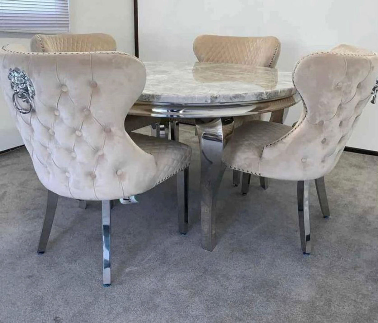 Louis Round Marble Dining Table With Valentino Lion Knocker Chairs