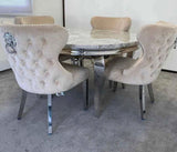 Louis Round Marble Dining Table With Valentino Lion Knocker Chairs