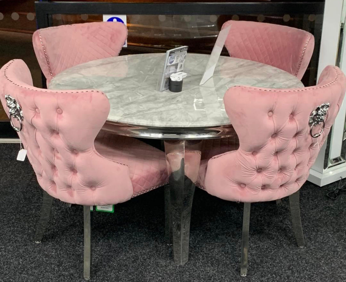 Louis Marble Round Table Light Grey With 4 Valentino Lion Knocker Chairs