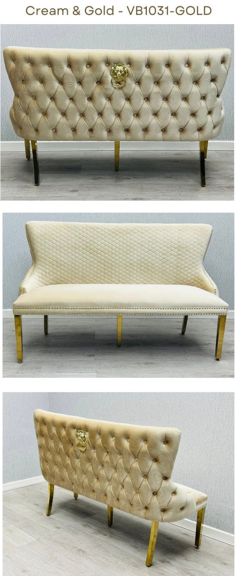 Cream And Gold Marble Dining Table With Cream And Gold Lion Knocker Chairs